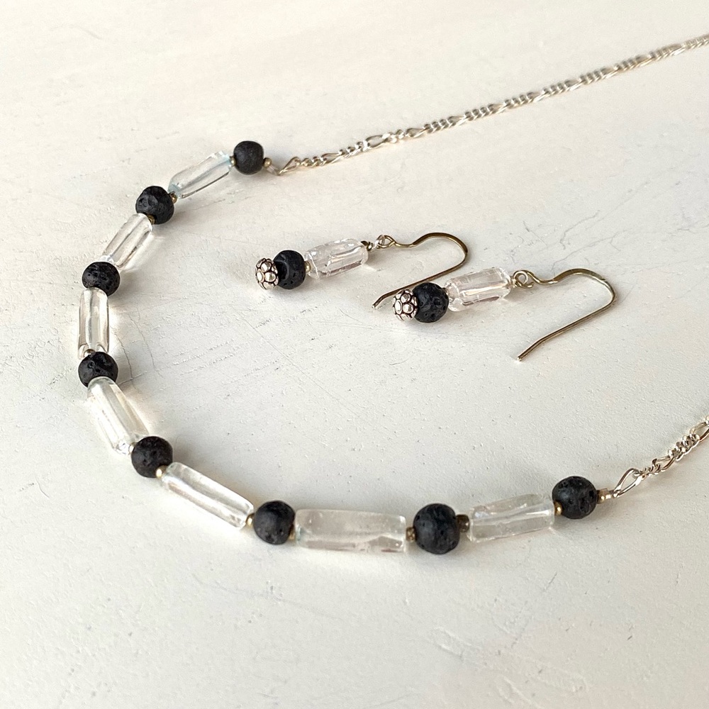 Handcrafted Clear Quartz, Black Lava and Sterling Silver Necklace and Earrings